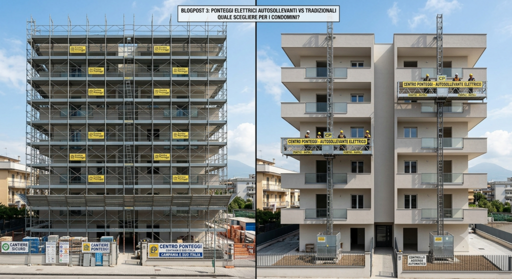 Piattaforma e ponteggio elettrico autosollevante in funzione sulla facciata di un condominio residenziale