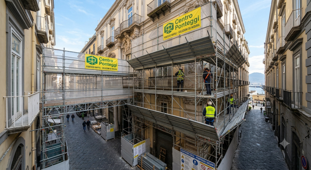 Esempio di Ponteggio multidirezionale montato sulla facciata di un palazzo storico nel centro di Napoli per interventi di edilizia