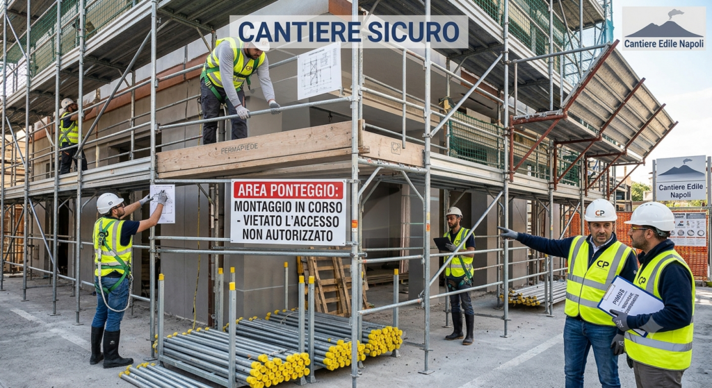 Operatori in cantiere con Dispositivi di Protezione Individuale durante il montaggio a norma di ponteggi edili